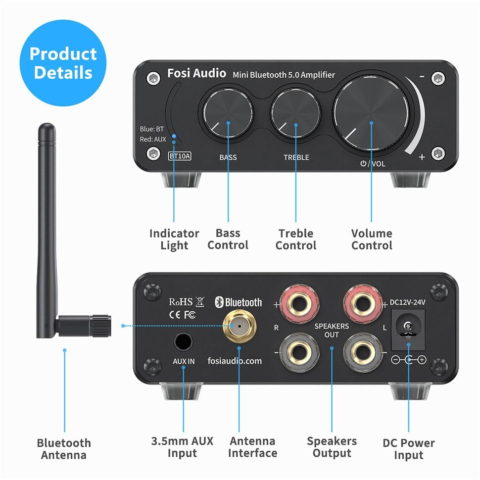 Bluetooth 2 Channel Sound Power Stereo Amplifier with treble and bass controls, compact design, and Bluetooth 5.0 connectivity.